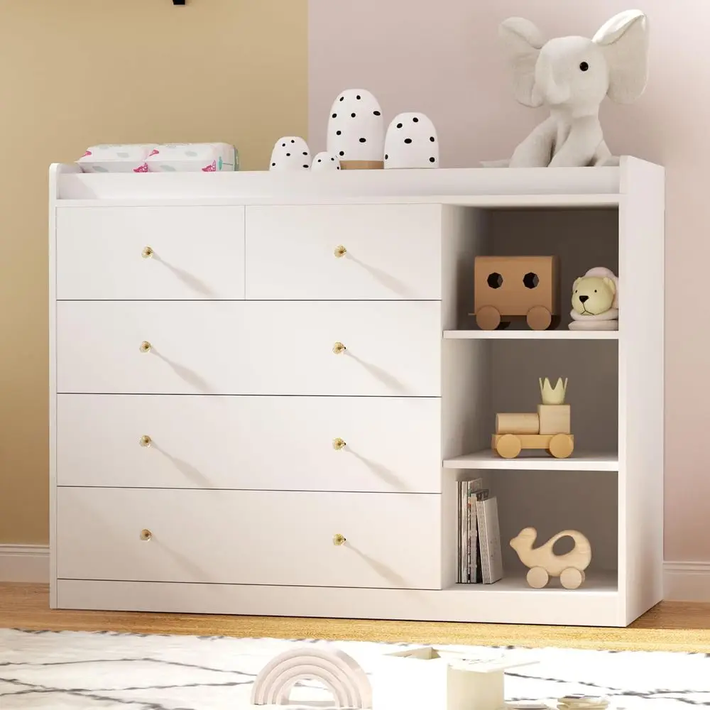 

White 47.2 Nursery Dryer with 5 Drawers, 3 Open Shelves, and Changing Table with Storage for Children's Room