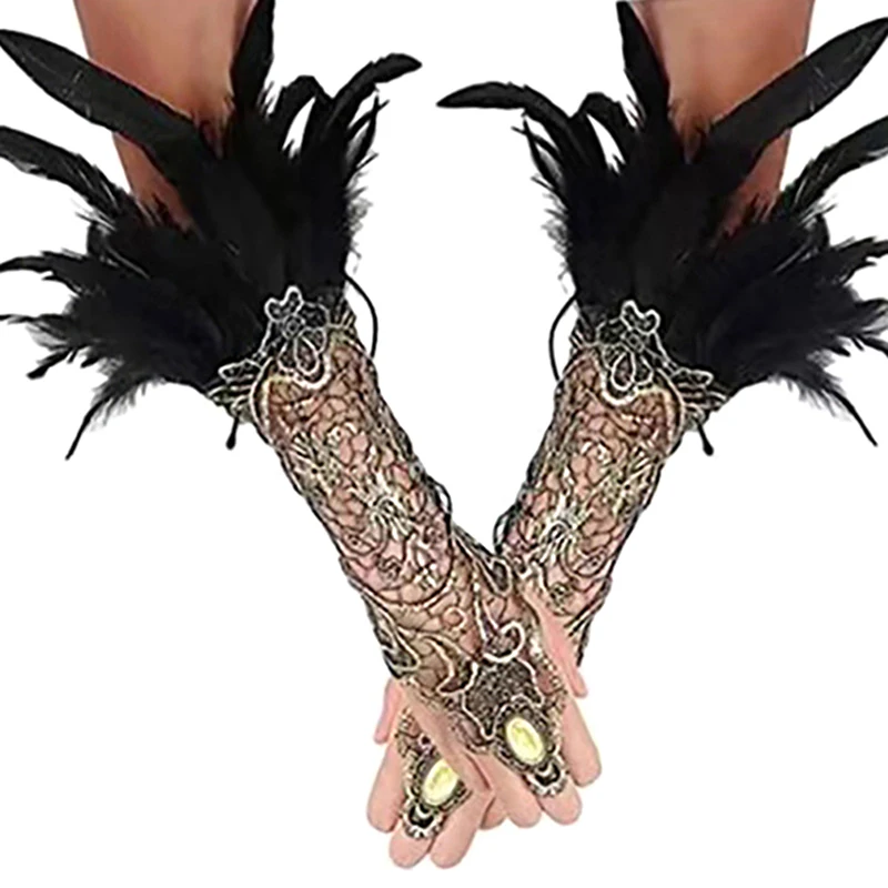 2Pcs/set Gothic Feather Gold Lace Long Gloves Women Sexy Fingerless Fishnet Party Accessory for Halloween Cosplay