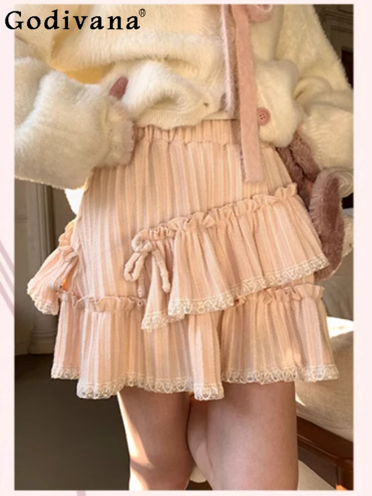 Winter New Sweet Pink High Waist Princess Skirt Cute Woman Fashion Versatile Age Reduction A-lien Lace Beautiful Fairy Skirt