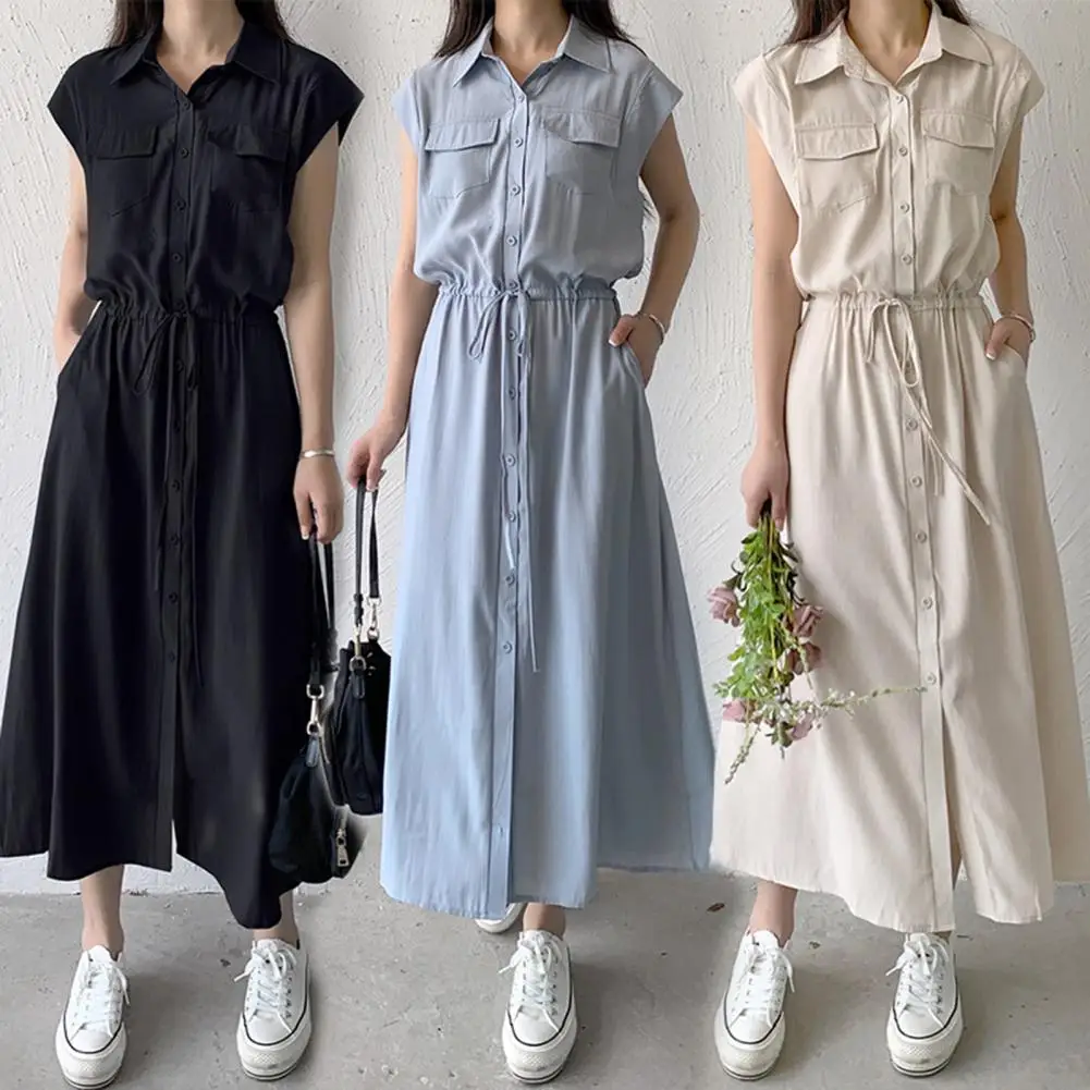 Sleeveless Pocket Shirt Dress Women Casual Shirt Dress Elegant Women's Spring Shirt Dress with Drawstring Waist for Modern