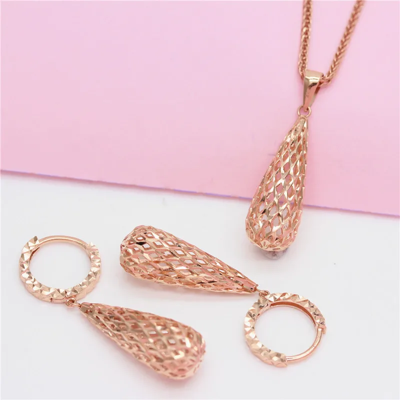 585 Purple Gold Fashion Openwork Water Drop Jewelry Sets Simple Romantic 14K Rose Gold Plated Earrings for Women Necklace