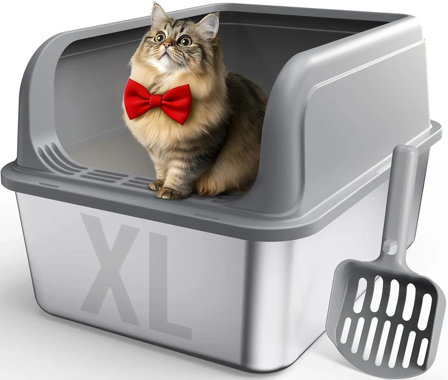 

Stainless Steel Cat Litter Box with Scoop, High-Sided Anti-Leak Top Entry, Easy Clean Grey XL