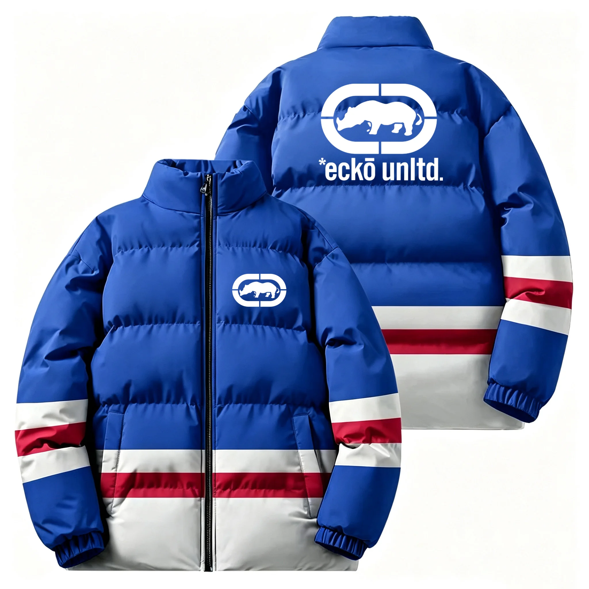 Winter Men Thick Padded Down Jacket Ecko Unltd Rhino Print Stand‑collar Zip Coat Hip‑hop Street Style Loose Warm Outerwear For D