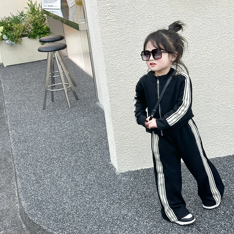 Girl's Sets Children's Long-Sleeved Two Piece Spring Autumn Casual Sports Suit Baby Striped Zipper Clothes 2-8 Years Old image 2