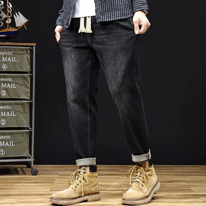 جينز خريفي وشتوي مقاس كبير بخصر مطاطي للرجال، فضفاض بأقدام صغيرة ورباط بالإضافة إلى بنطال هارون متعدد الاستخدامات