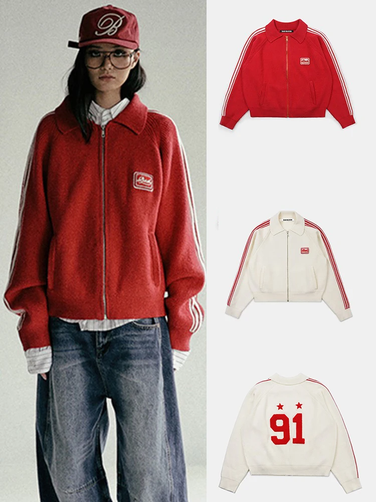 

Американский вязаный свитер в стиле ретро для женщин, красный, на молнии, повседневная верхняя одежда свободного кроя с длинными рукавами и воротником, весенний