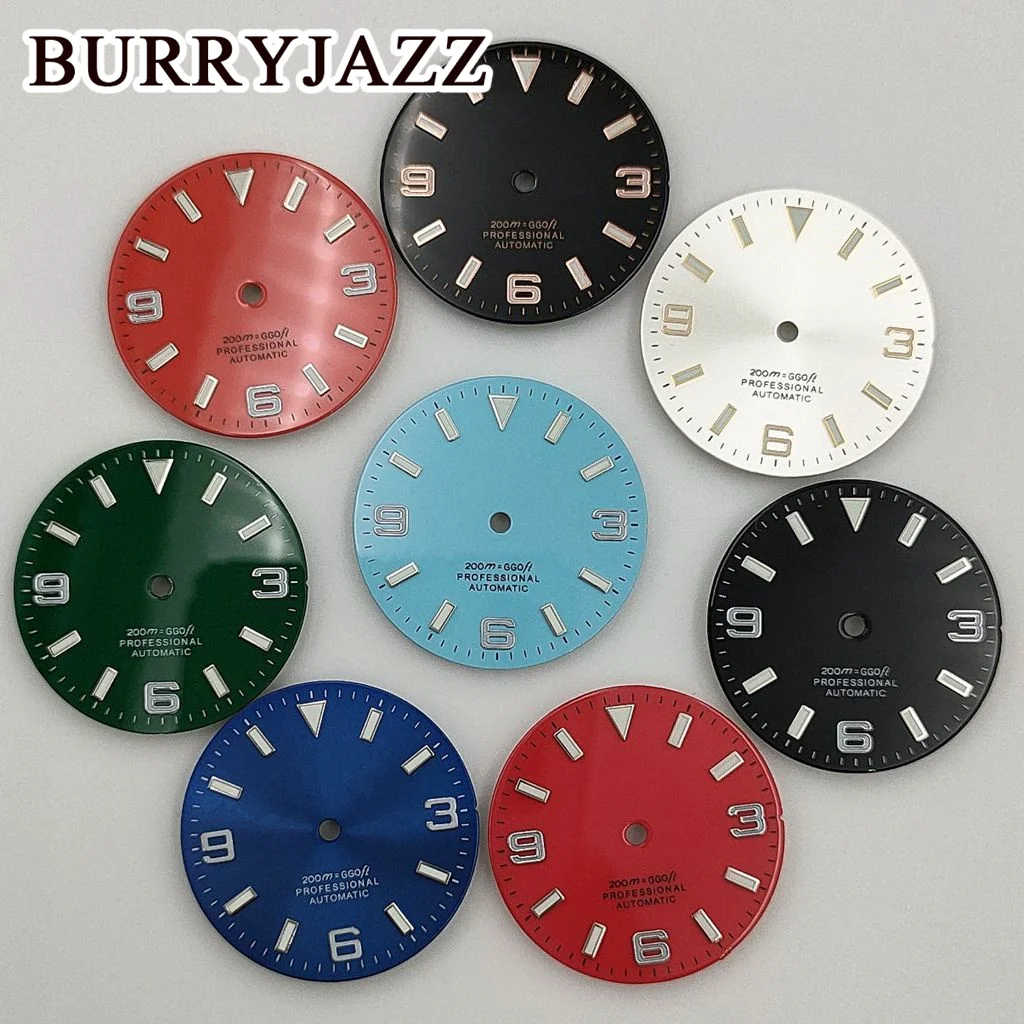 BURRYJAZZ 29mm sin logotipo NH35 NH36 ETA2824 2836 PT5000 Miyota 8215 esferas de reloj negro azul esfera luminosa ajuste 3 en punto corona de caja