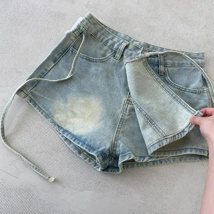 Jean taille haute coréen pour femmes, jupe trapèze asymétrique ceinturée, pantalon épicé pour filles, short en Denim de petite taille, été