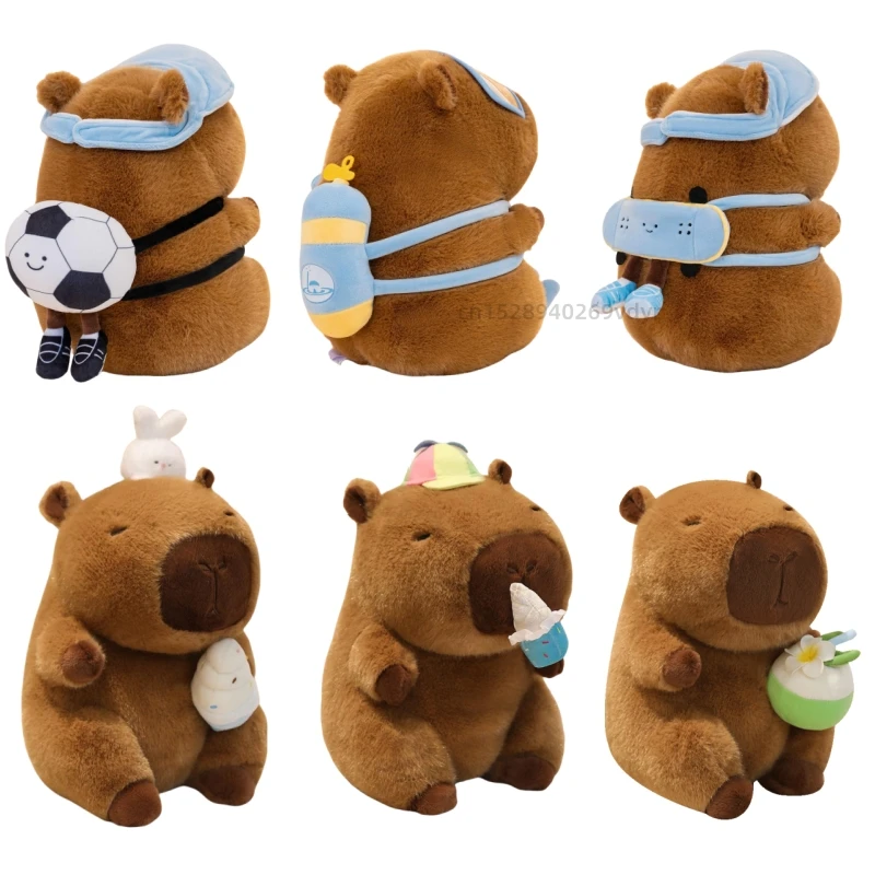 New Sports Travel Series Capybara Animals Plush Toys Cartoon Kapibala Carrying Bag Football Skateboard, Swimming Ice Cream Gifts