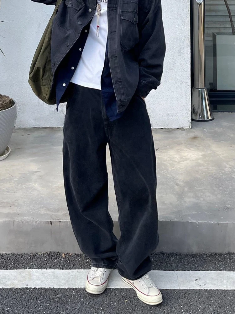 

Винтажные джинсы в стиле ретро для мужчин: прямые, свободные, широкие брюки для повседневной носки, молодежные, модные, из денима с эффектом потертости