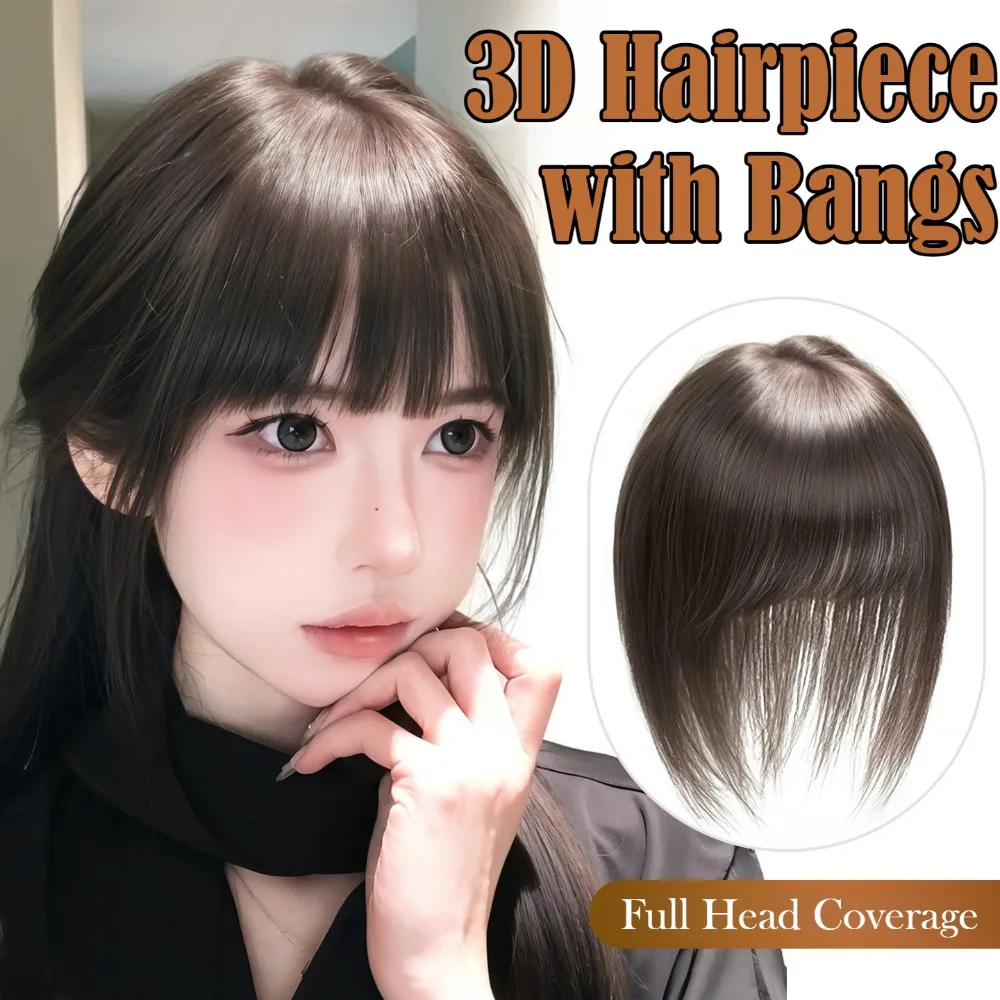 10inch Synthetic Hair Topper with Bangs Mixed Human Hair Strands Korean Girls Invisible 3D Hair Toupee Hairpieces Top Bangs Wig