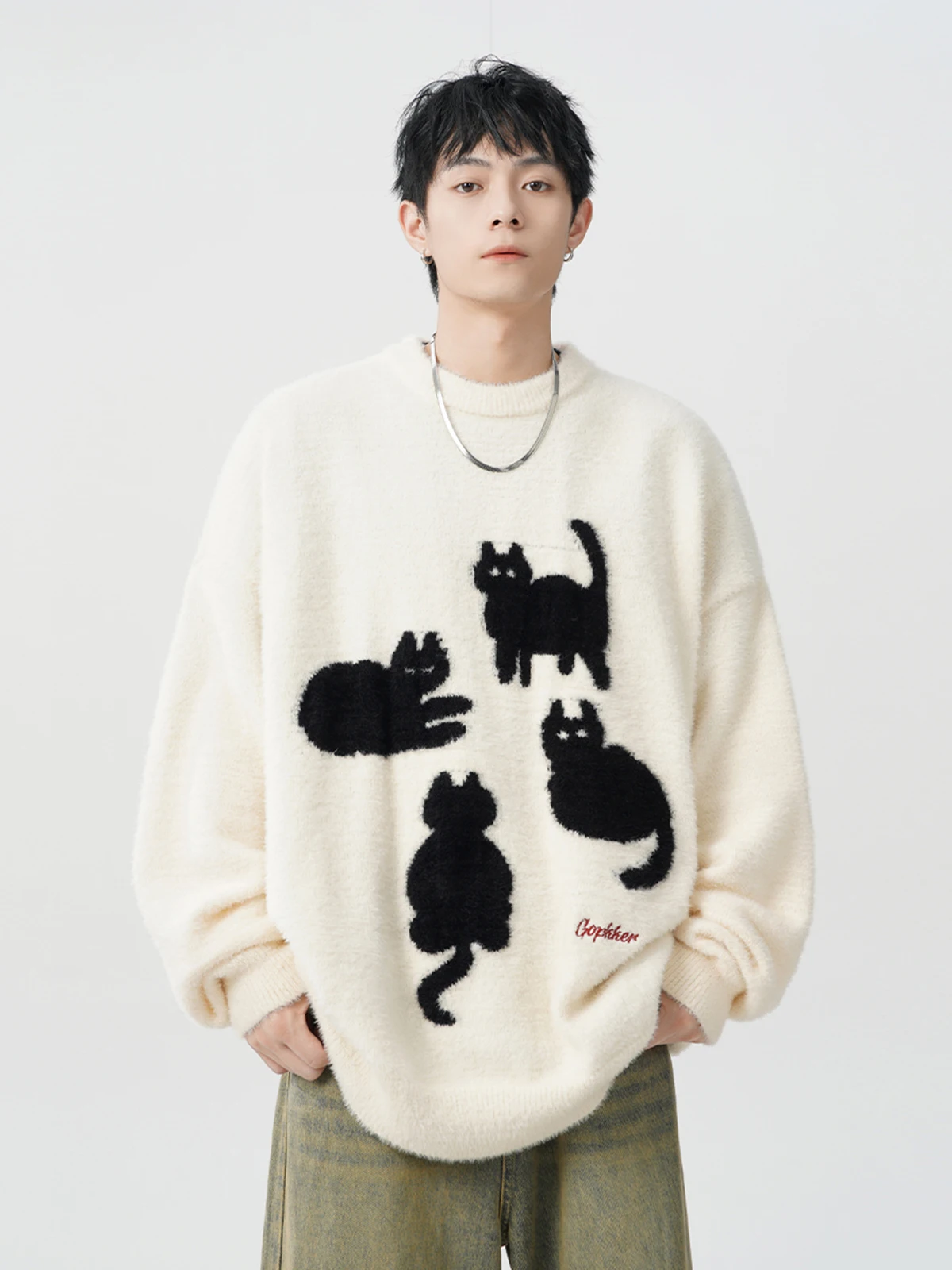 2025 Autumn Winter New American Style Men's Loose Casual Knitted Versatile White Black Cat Print Crew Neck Sweater