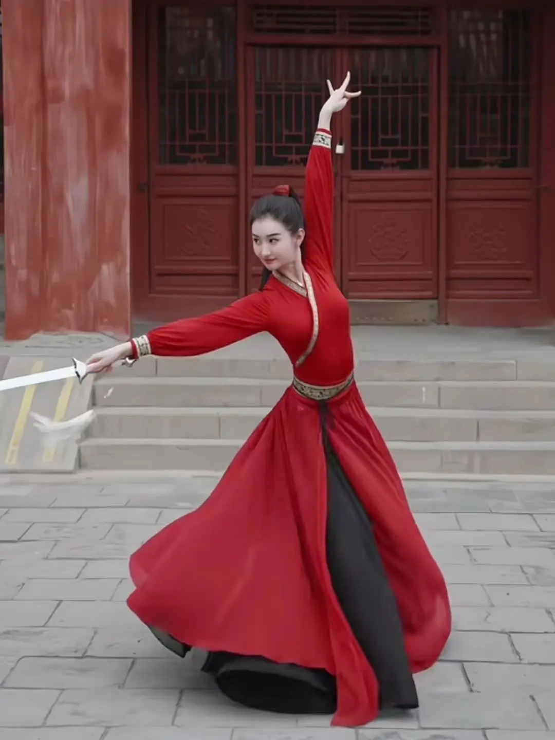 Woman Red Research On Classical Art Of Mulan's Performance Dance Dress With Ethnic Chinese Style Large Swing Skirt Hanfu