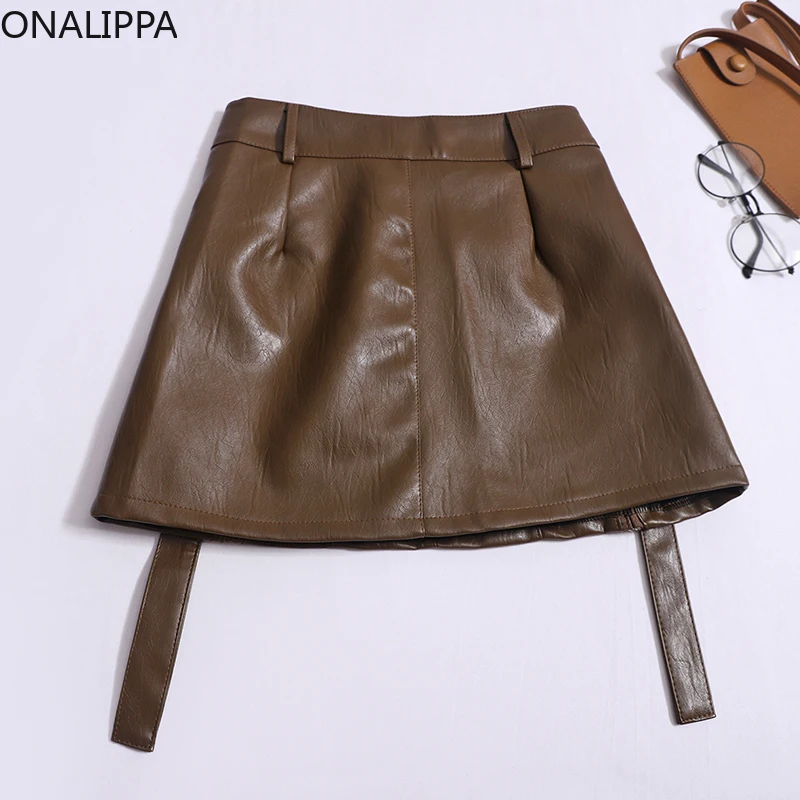 Onalippa High Street PU Skirts for Women Button Fly A Line Double Belts Solid Color Mini Skirt Korean Chic Design Women Cothing