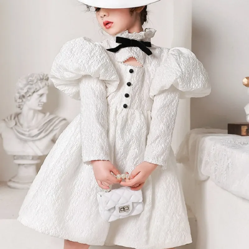 Baby Girl Princess Vintage Dress Long Puff Sleeve Infant Toddler Teens Vestido Wedding Party Bridemaid Baby Clothes 1-14Y