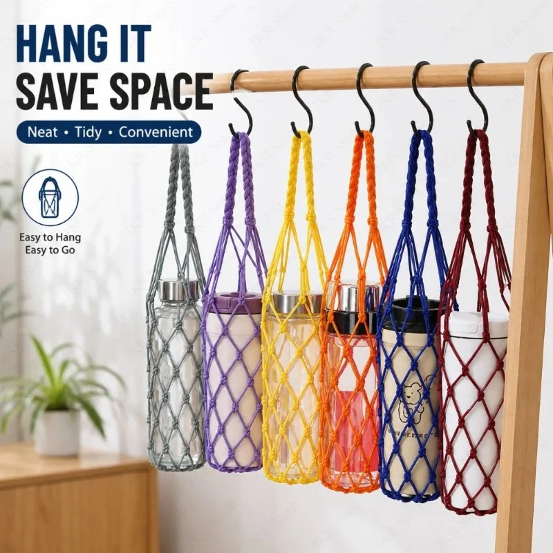 Hand Woven Water Bottle Mesh Bag Cotton Rope Cup Cover Portable Hanging Holder for Outdoor Travel Kitchen Drinkware Accessories