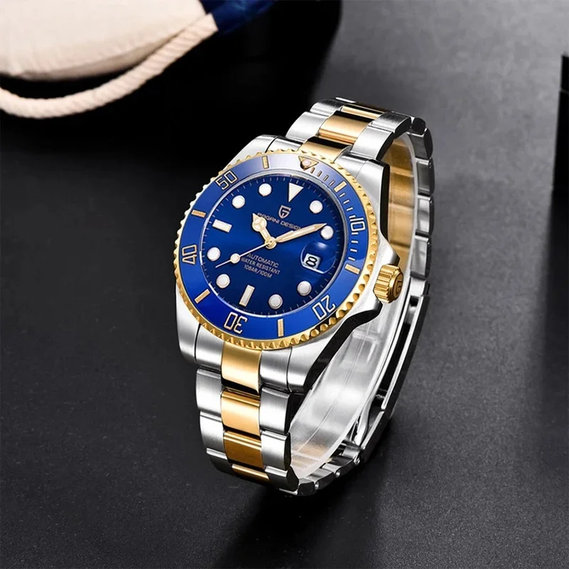 PD-1639 8215 PAGANI DESIGN Men Automatic Diver Watch, Blue Rotating Bezel Two-tone Steel Band Business Male Watch