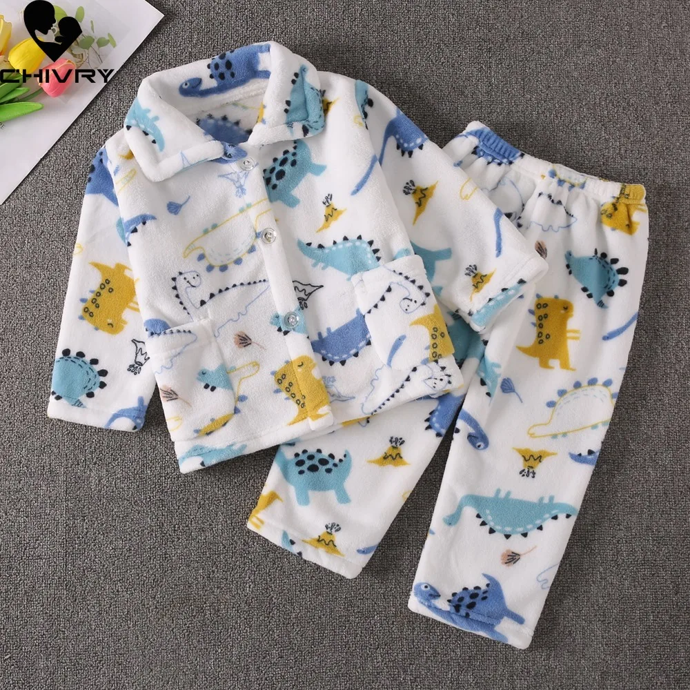 Boys Autumn Winter Soft Flannel Warm Pajamas Sets Toddler Baby Cute Cartoon Lapel Coat with Pants Pyjamas Kids Casual Sleepwear