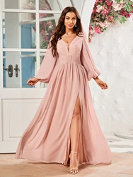 Unithorse Ruched Bust V-Neck Lantern Long Sleeve Split Thigh Chiffon Formal Bridesmaid Dress