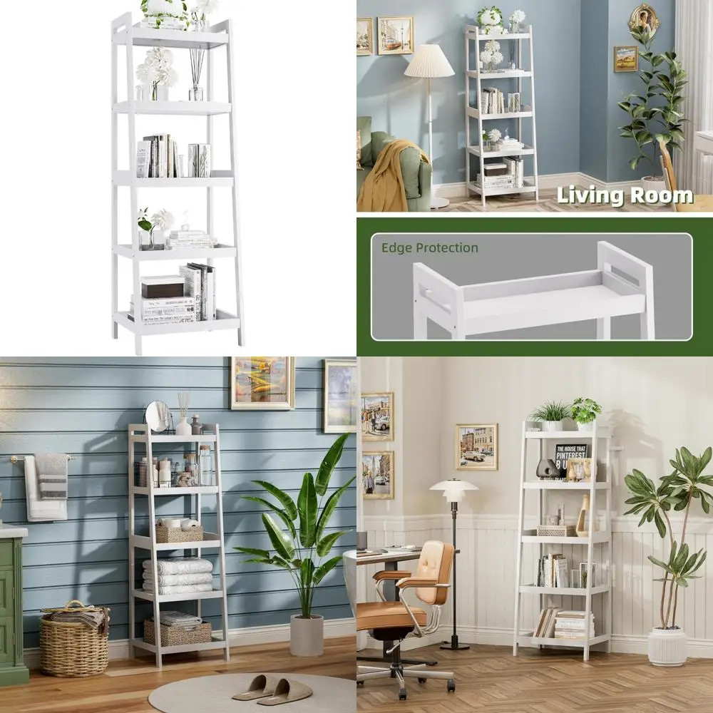 

5-Tier Bamboo Frame Ladder Bookcase - Tall Narrow Freestanding Display Shelf for Living Room, Kitchen, Bedroom, and Home Decor