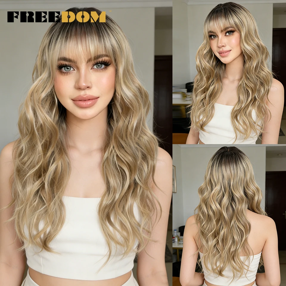 FREEDOM Synthetic Lace Front Wigs For Women 20 Inch Ombre Blonde Body Wave Lace Wig With Bangs Heat Resistant Daily Use Wigs