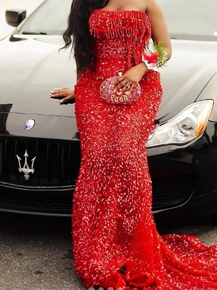 

Luxury Strapless Sequined Sleeveless Beading Mermaid Formal Evening Dresses Birthday Party Prom Gowns Customized