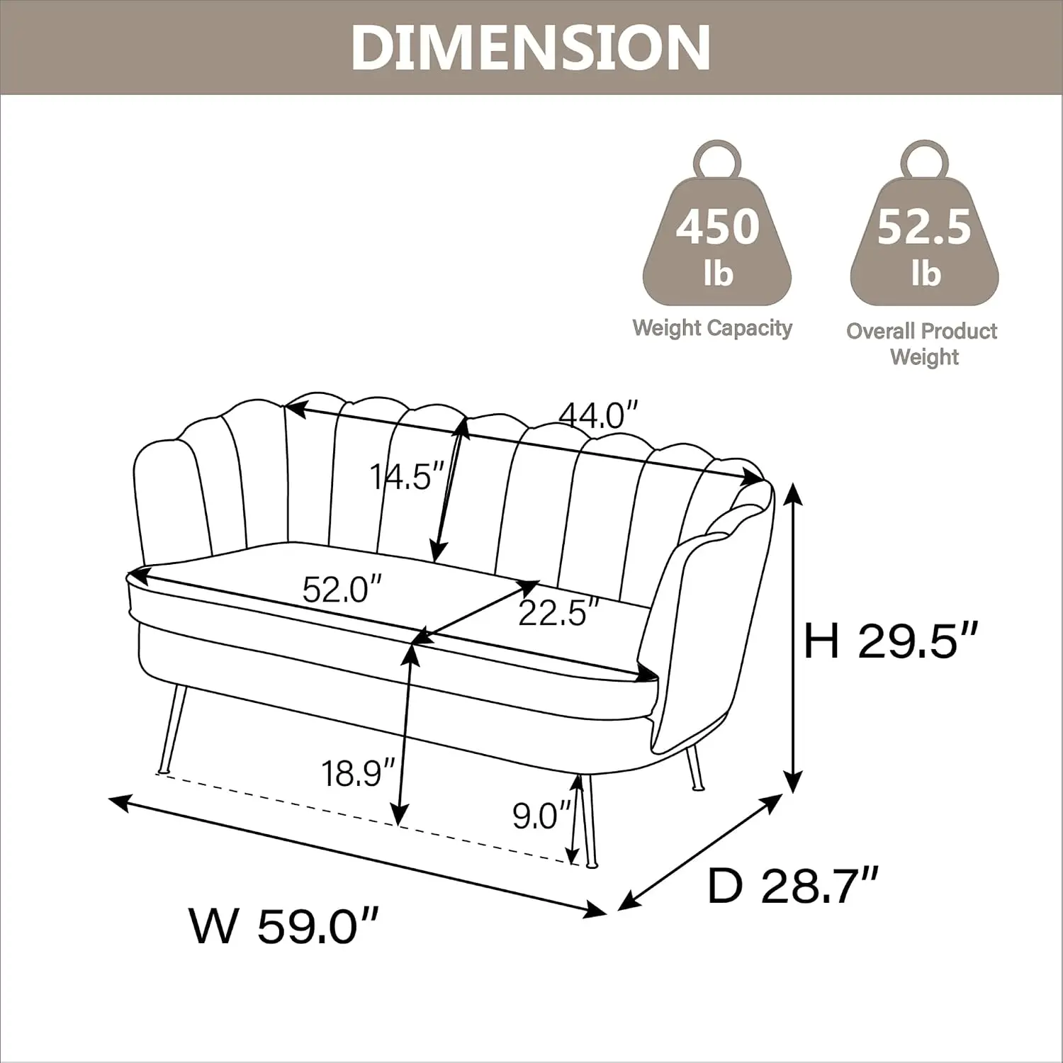Small Loveseat Upholstered Sofa Golden Legs Compact Space Living Room Bedroom Modern Ivory, Customized