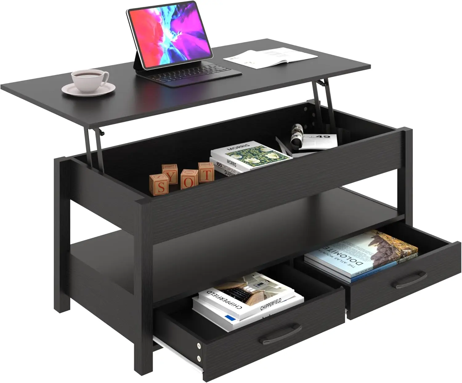 

Coffee Table, Lift Top Coffee Table with Hidden Compartment, 2 Drawers and 1 Open Shelf, Retro