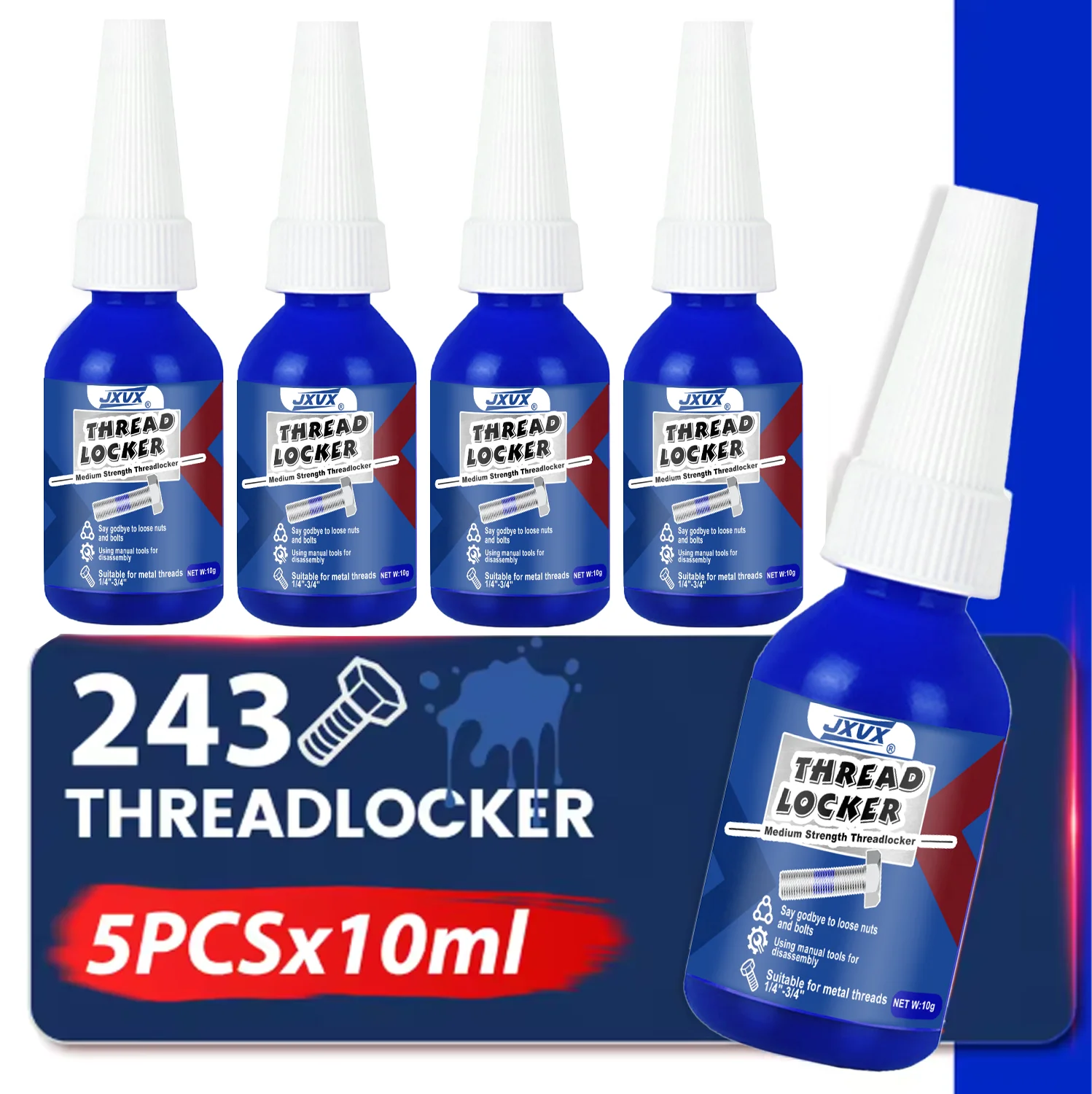 JXVX 5PCS 243 Threadlocker Blue Medium Strength Screw Glue Removable Anaerobic Adhesive for Auto Machinery Bolt Fastening Repair