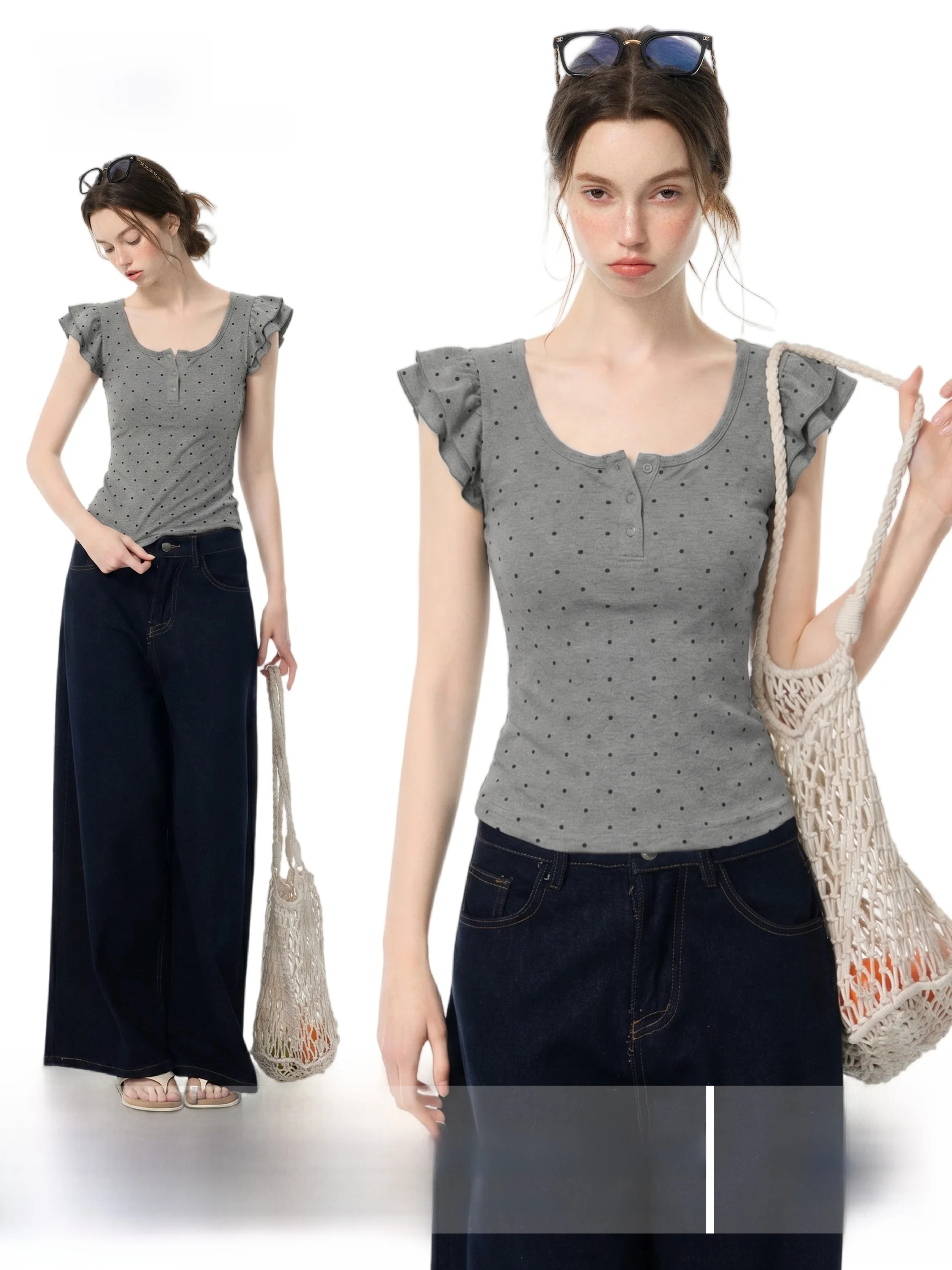 Gray U-Neck Polka Dot Short Sleeve T-Shirt Women's Summer Slim Fit Design Sense Shortened Winged Sleeve Top Korean Style