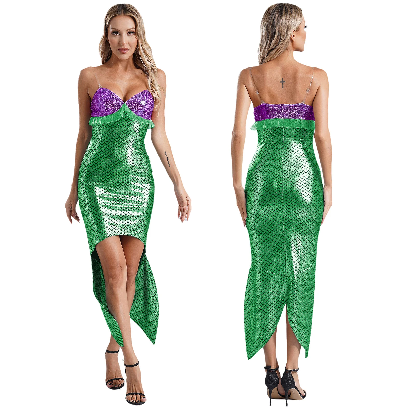 Vestido ajustado de sirena Sexy para mujer, estampado elegante, metálico brillante, dobladillo de cola de pez, disfraz de Halloween, festivales, carnavales