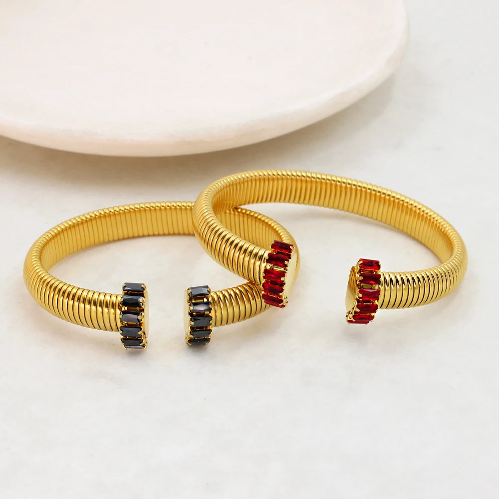 USENSET 10mm Luxury Colorful AAA CZ Inlaid Stainless Steel Cuff Bangle Statement Textured Spiral Arm Bracelet for Men Women