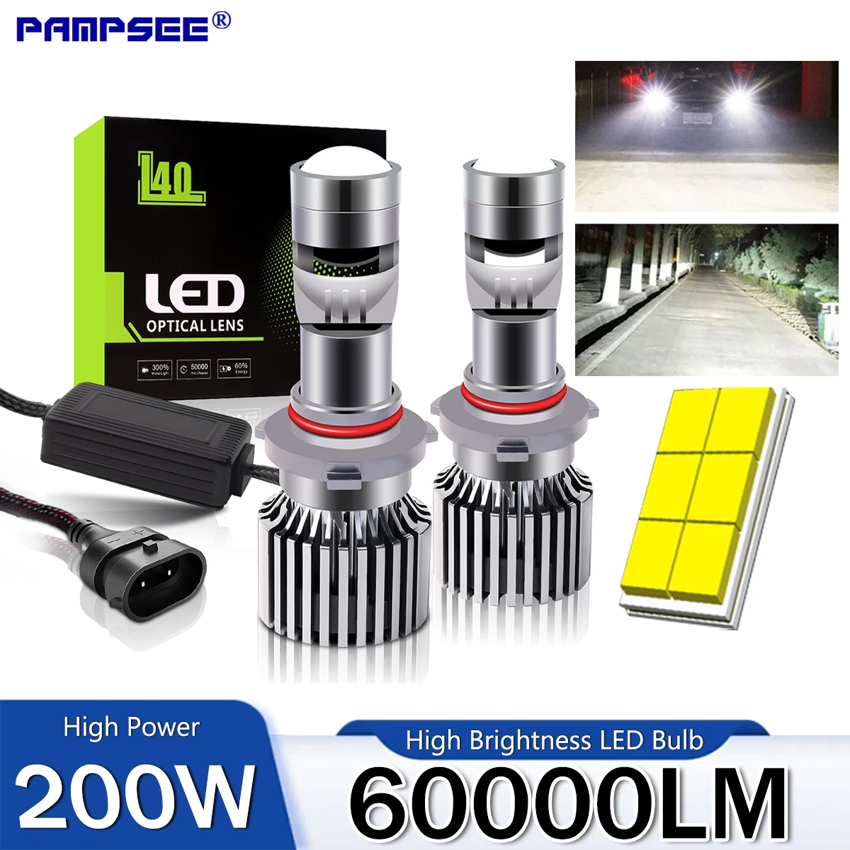 

2 шт. 200 Вт H4 H7 H11 9005 9006 Светодиодная автомобильная лампа для фар Все в одном Hi/Lo Dual Beam Auto Turbo Светодиодная лампа для фар с линзой 6000K L40