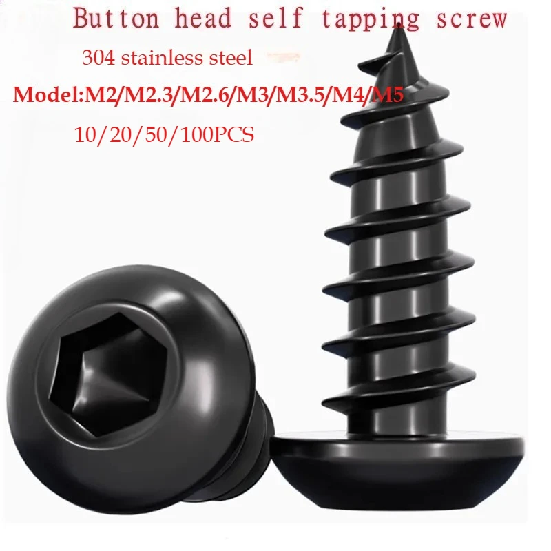 

304 Stainless Steel M2 M2.3 M2.6 M3 M3.5 M4 M5 M6 Black Round Button Head Hex Hexagonal Self Tapping Screw Flat Head Screws