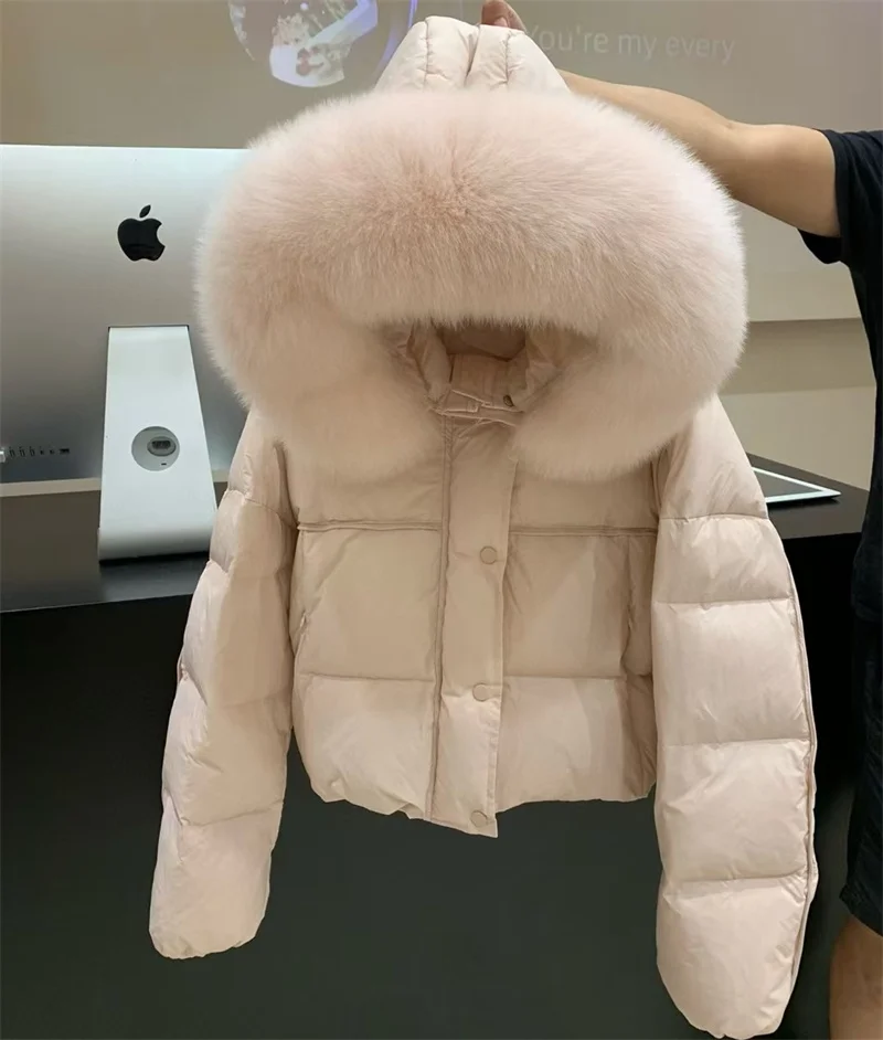 New Winter Luxury Fur Parka Women Natural Real Fox Fur Collar 90% White Duck Down Jacket Thick Warm Loose Short Coat