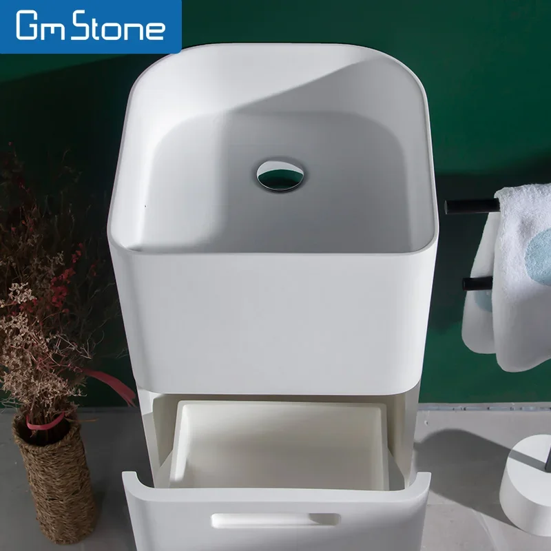 GeMei White One-Piece Free Standing Rectangular Bathroom Sink Artificial Stone Pedestal Wash Basin Solid Surface Countertop