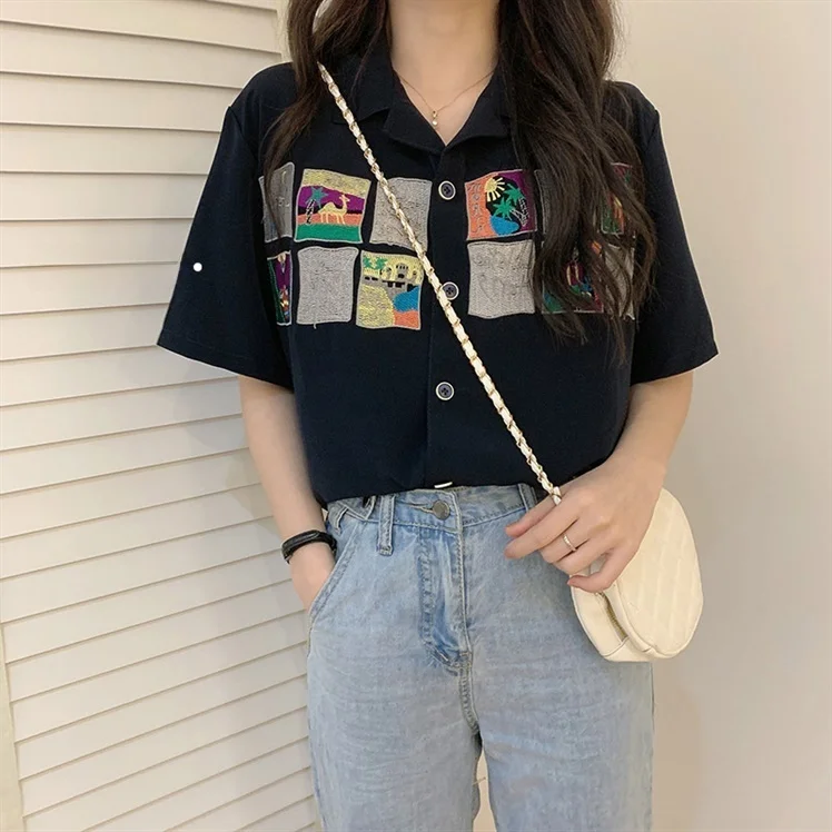

Chic Hong Kong Style Women's Short Sleeve Shirt Loose Fit Summer New Arrival plus Size Street Style Top Korean Commute S...