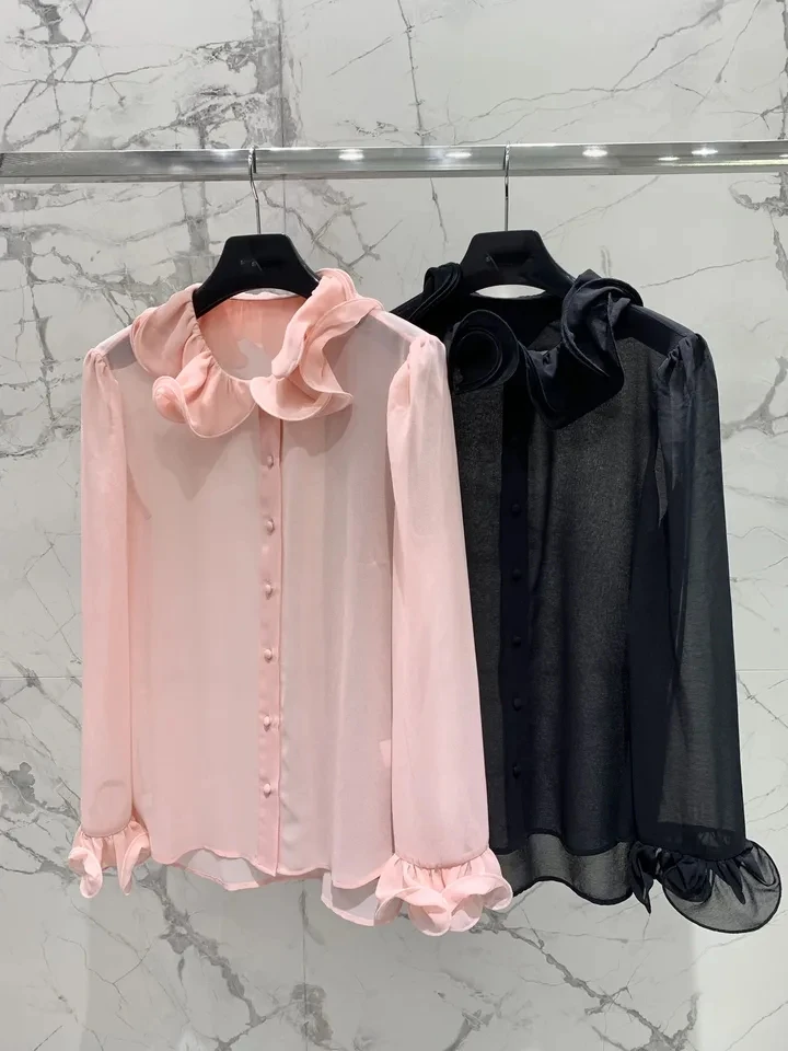 2024 Spring Summer Luxury Women Ruffles Collar Long Sleeve Shirt Bouse for Female 2 Color