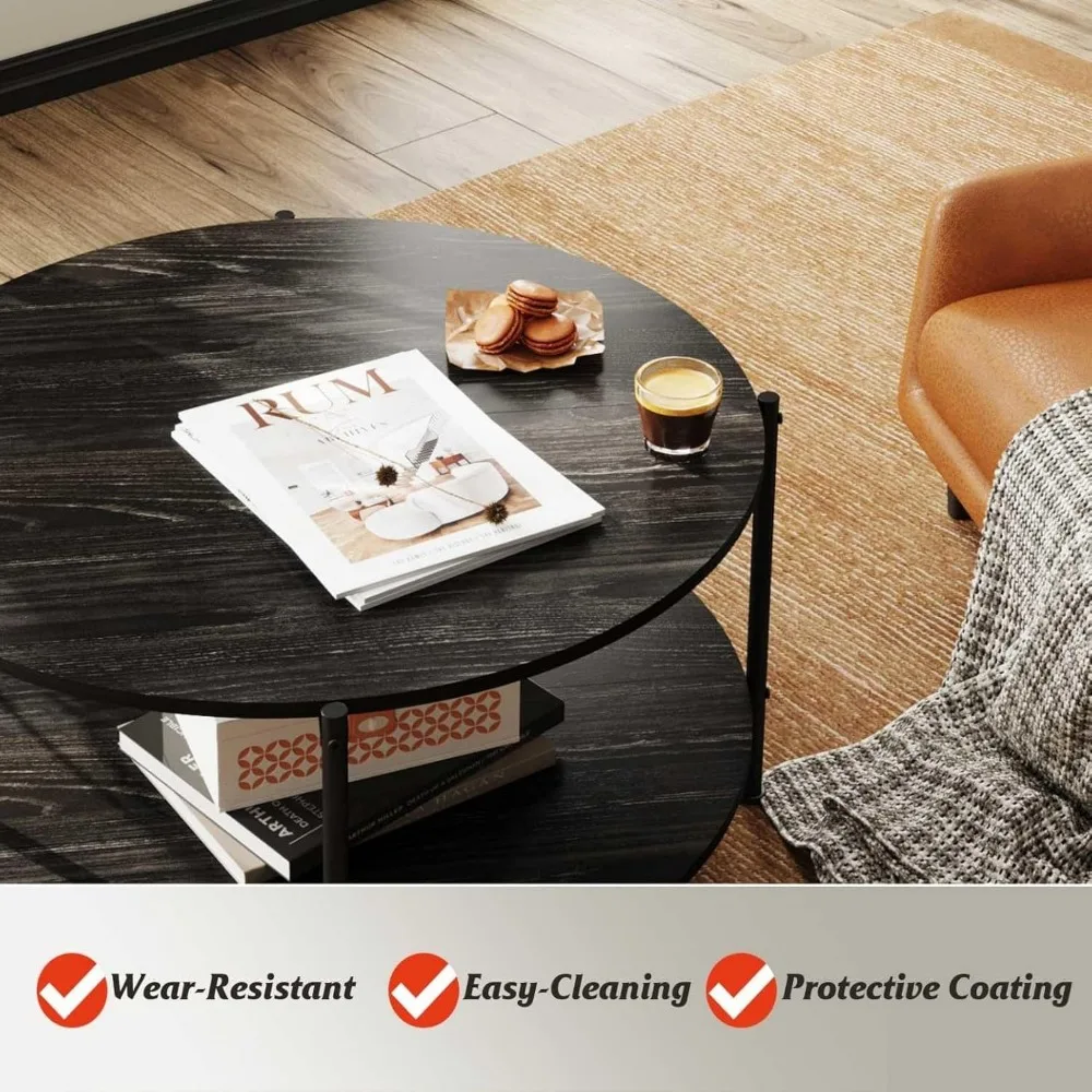 Industrial Style 2-Tier Round Coffee Table with Open Storage Shelf for Living Room, 32.6 Small Space-Saving Wooden Centerpiece