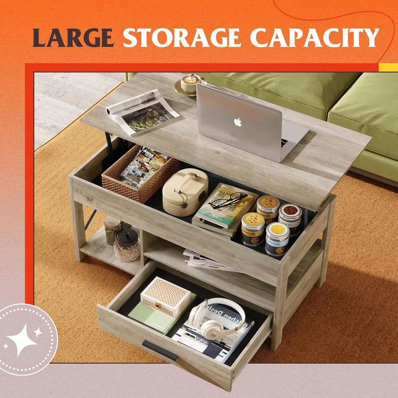 Coffee table, 39-inch height-adjustable top coffee table with hidden compartments, storage drawers and storage racks