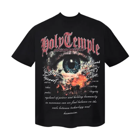 

2025 Fashion 100% Cotton Men's T-shirt Holy Temple Letter and Eye Pattern Printed Casual Short Sleeve T-shirt