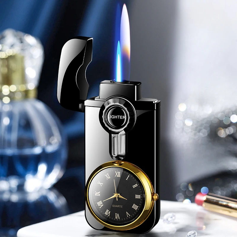 Open Flame Double Flame Inflatable Lighter Windproof Blue Flame with Dial Multifunctional Men\'s Cigarette Lighter