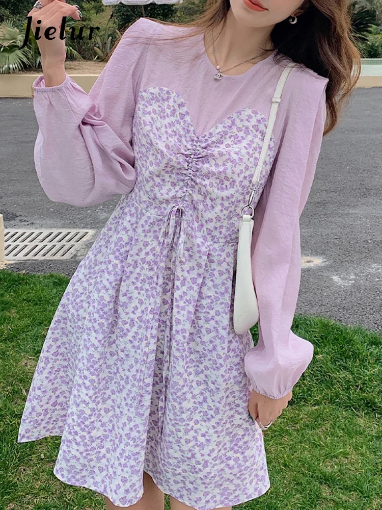 Jielur Fake Two Piece Set Slim Drawstring Women Dresses High Waist Printed Flying Sleeve O-Neck Fashion Female Dress Office Lady