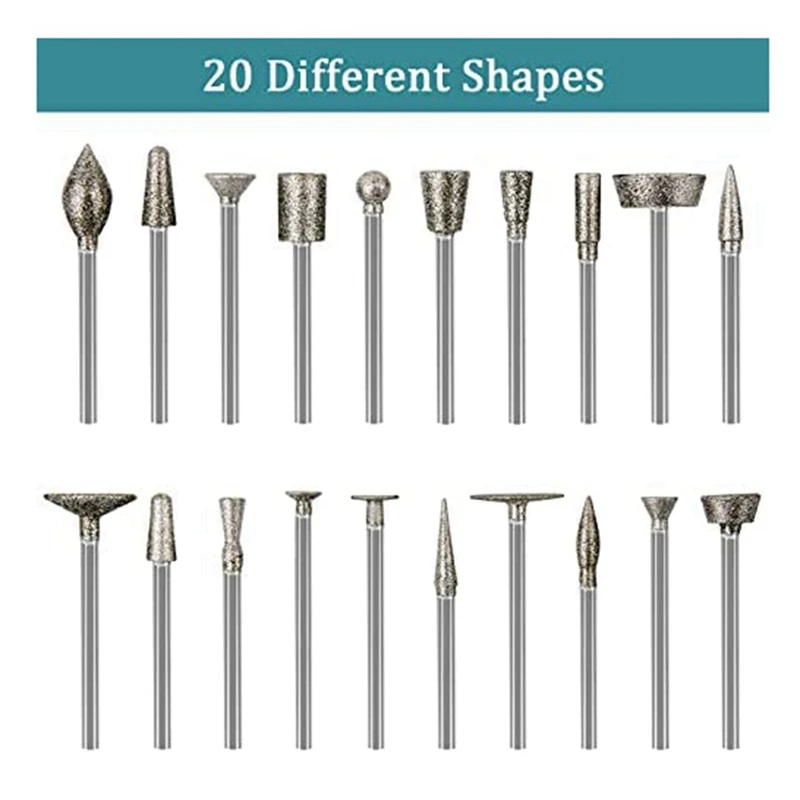 Stone Carving Set Diamond Burr Bits,20PCS Polishing Kits Rotary Tools Accessories With 1/8 Inch Shank For Carving