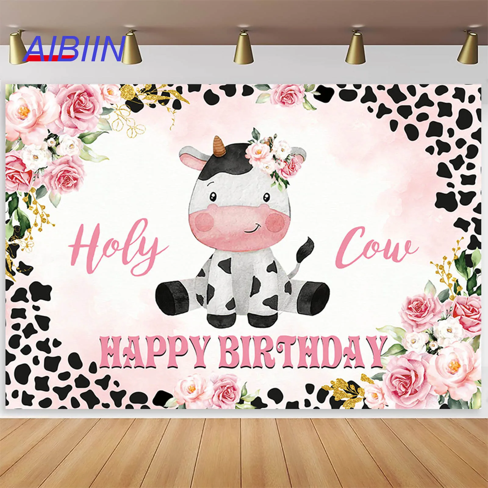 Holy Cow Birthday Backdrop for Girls or Boys Pink Blue Flower Cow Texture Pattern Party Decor Cake Table Photography Background