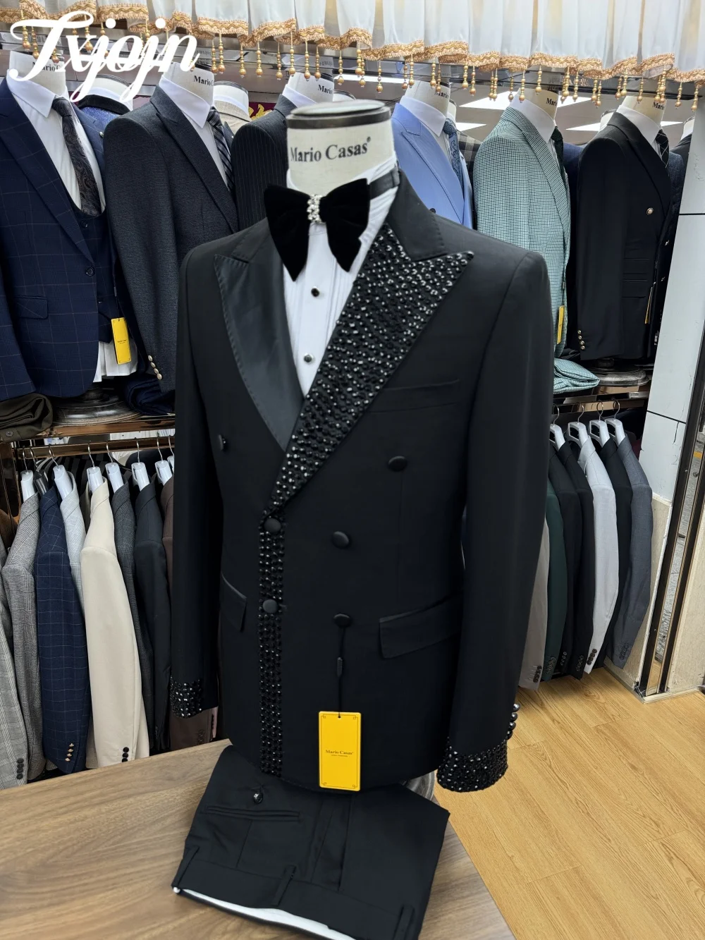 รูปภาพจริงเพิร์ลหรูหราชุดสําหรับชาย, double Breasted Tuxedo ชุด 3PCS Blazer เสื้อกั๊กกางเกงคริสตัลผู้ชายชุดคุณภาพสูง