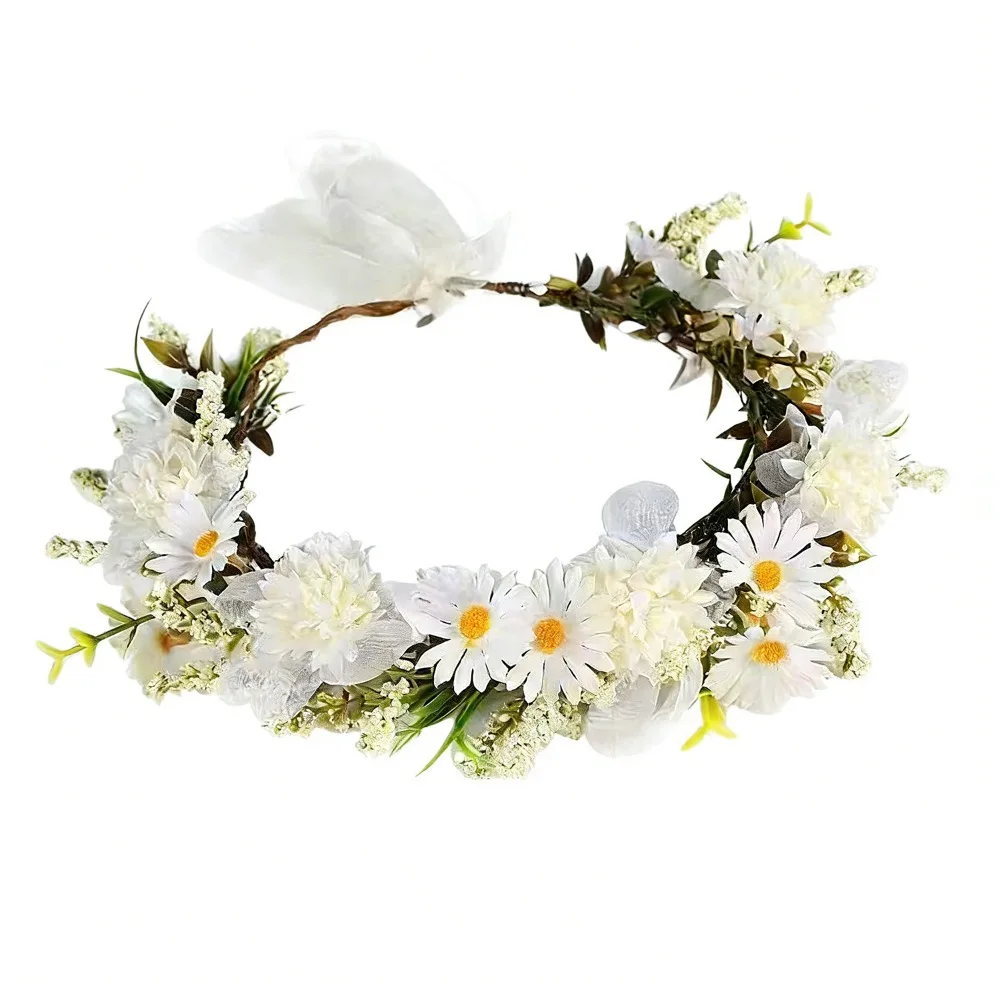 Artificial Floral Floral Headband Plastic Flower Fairy Aura Flower Crown Pearl Decorated Flower Wreath Wedding Ceremony