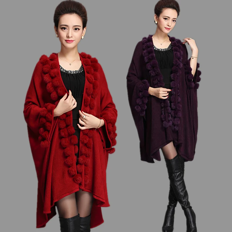 

Fashion Trend Women Rabbit Fur Poncho Shawl Coat Long Knit Cardigan Cape Autumn Winter Wraps