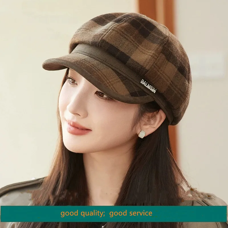 Fashionable Autumn and Winter Women's Beret Checkered Duck Tongue Octagonal Hats Warmth and Windproof Newsboy Cap