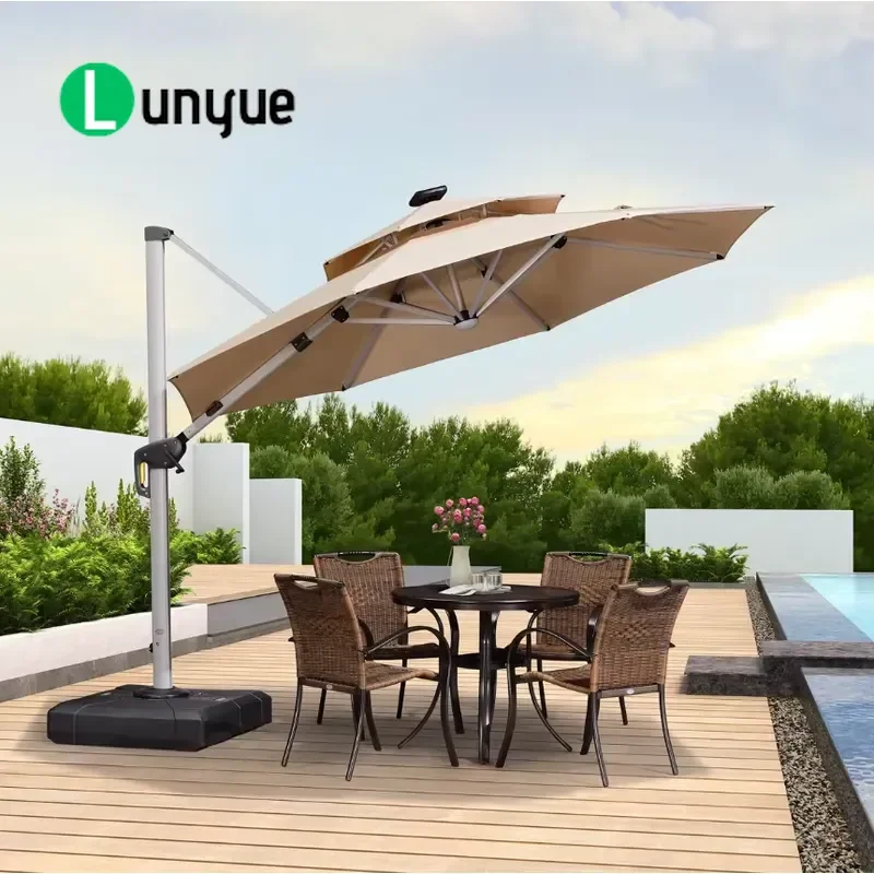 Round Roman Outdoor Umbrella Aluminum 8 Ribs Waterproof Sunshade with Replaceable Light Strip for Patio Garden Poolside